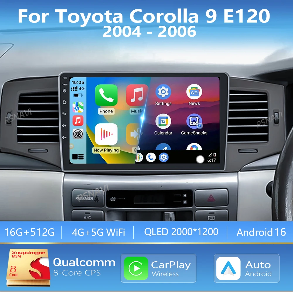 Android 16 Carplay Auto Car Multimedia Radio Player For Toyota Corolla 9 E120 2004-2006 WIFI+4G Autoradio Stereo 2Din Head Unit