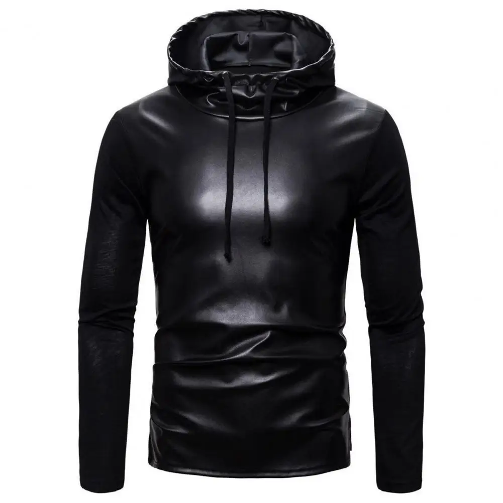 

Faux Leather Top Men's Hip Hop Streetwear Hoodie with Faux Leather Detailing Drawstring Long Sleeve Smooth Soft for Spring