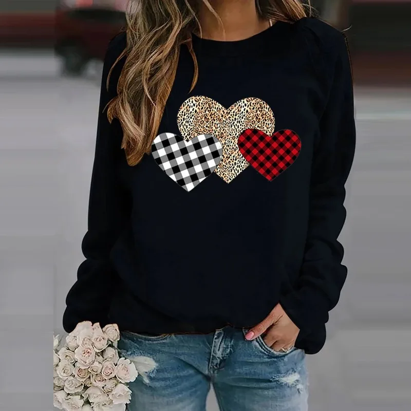 Autumn Winter Women's Pullover Round Neck Solid Plaid Leopard Contrasting Colors Long Sleeve Hoodies Loose Fashion Casual Tops