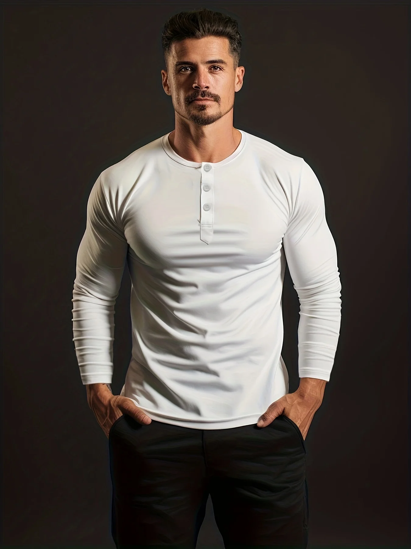 New bodybuilding long sleeve Henley T-shirt sports stretch casual base shirt