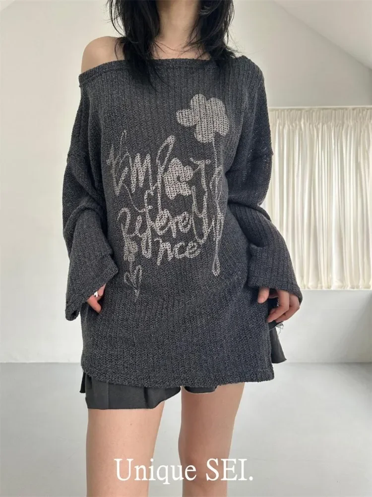 Hikigawa Korean Sweater Women Irregular Vintage Flowers Pullovers Oblique Shoulder Casual Slit Design Long-sleeved Y2k Knitwear