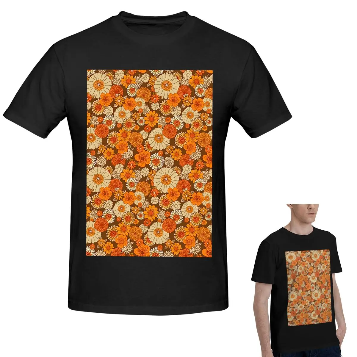 

70s Retro Daisies Vintage Flower Power Orange And Brown Boho T-Shirt Men's Classic Oversized T Shirt Men Crew Neck Shirts Tops