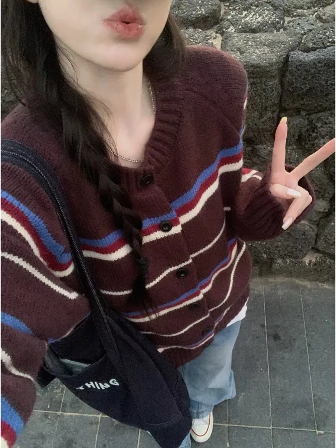 American Retro Striped Knitted Open Cardigan Women's Loose Fit Autumn Winter New Style Lazy Fashion Slimming Sweater Jacket