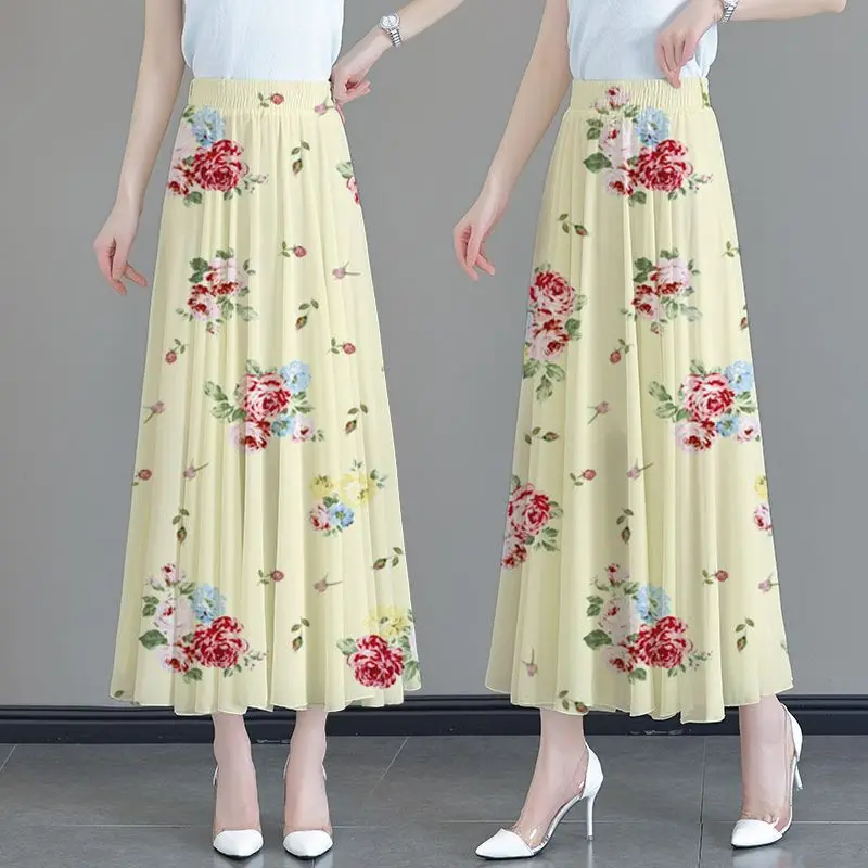 Rok musim panas temperamen wanita baru rok A-line tambal sulam pinggang tinggi elastis cetak Polka Dot Fashion Chic sifon Lengan sedang