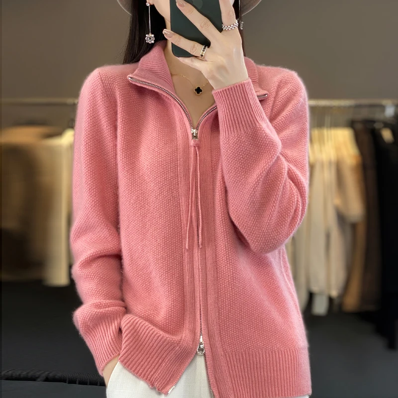 Women\'s 100% Merino Wool Knitting Sweater Turndown Collar Cardigan Autumn/Winter Thick Tops Cashmere Double Zipper Soft Jacket