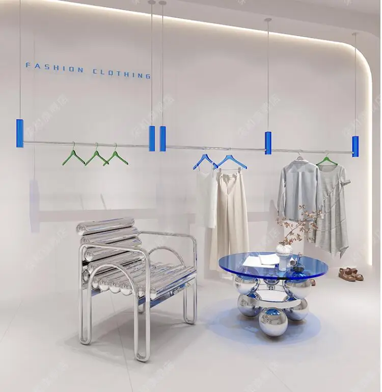 

Stainless steel wire drawing suspended top clothes rack acrylic combination women's rack clothes hanging rack