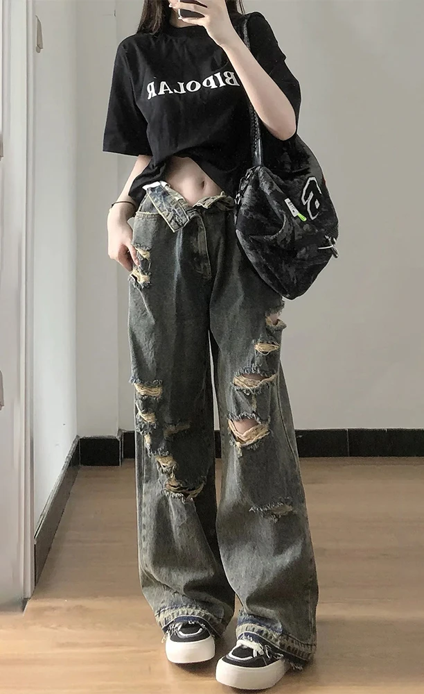 Sweet And Spicy Tie Dye Distressed Denim High Waist Wide Leg Floor Length Pants Women's Summer 2024 New Vintage Washed Drapey...