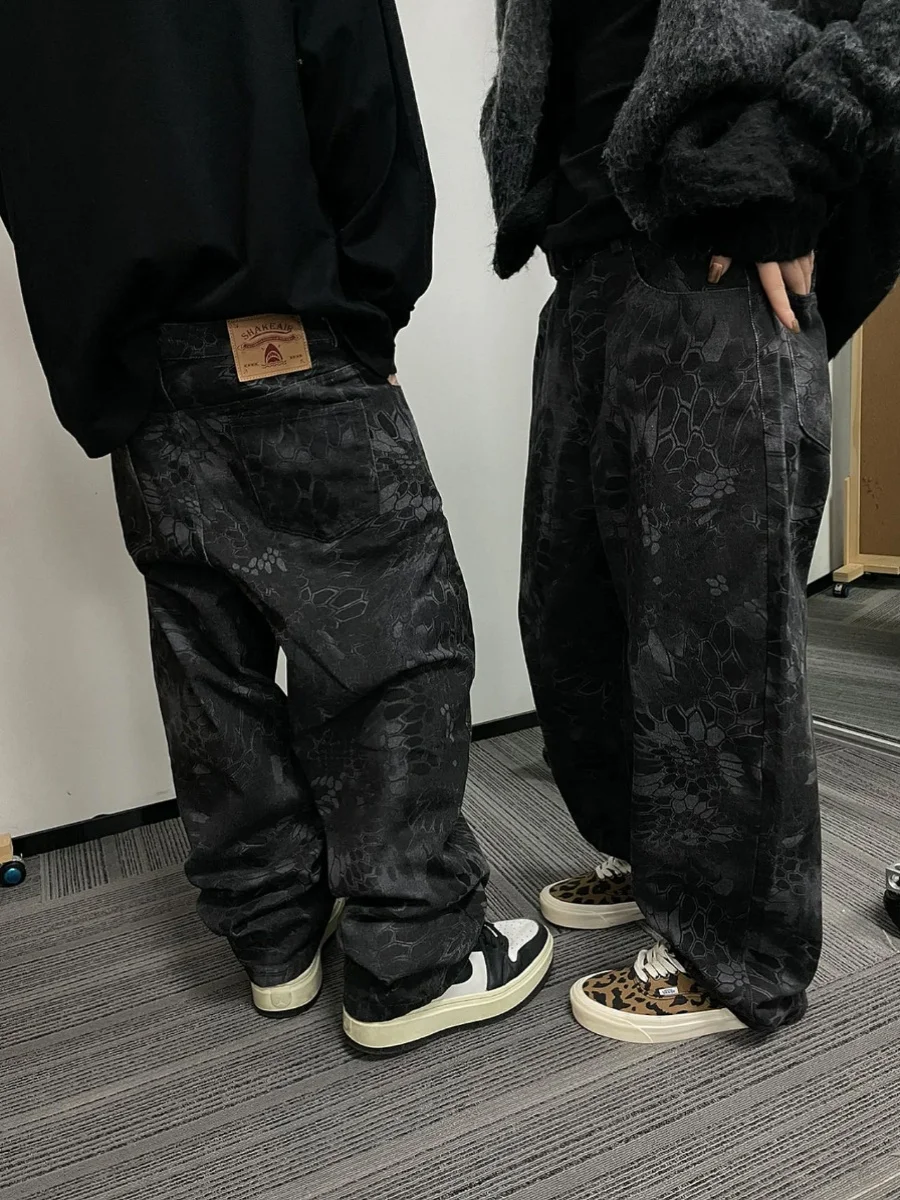 

American Retro Canvas Snake Skin Camouflage Loose Casual Pants Men's Trendy Design Straight Leg Jeans Teenage Boy's Fashion