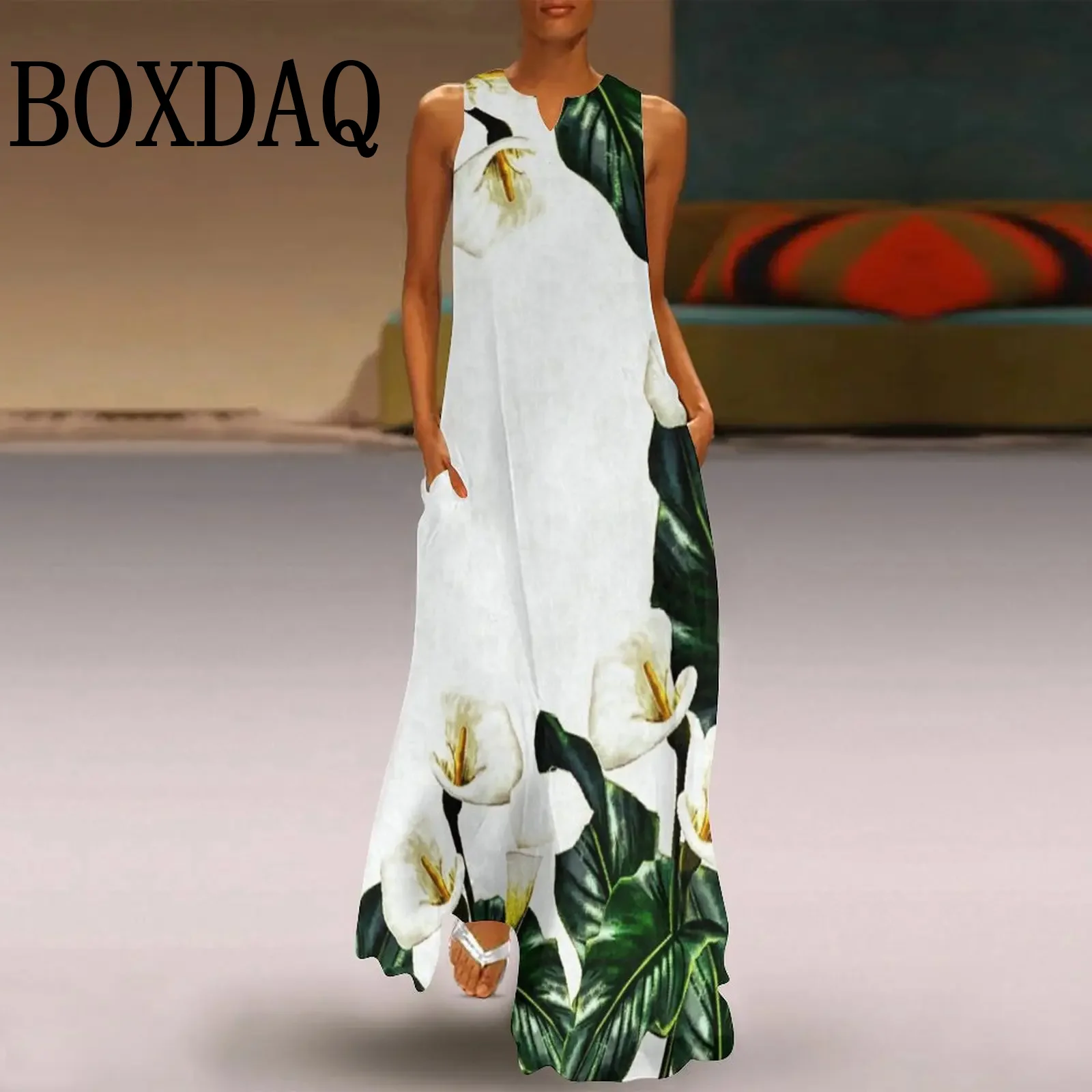 New Vintage Painting 3D Print Maxi Dresses For Women Summer Clothing Loose Casual Sleeveless V-Neck Sundress Ladies Long Dresses