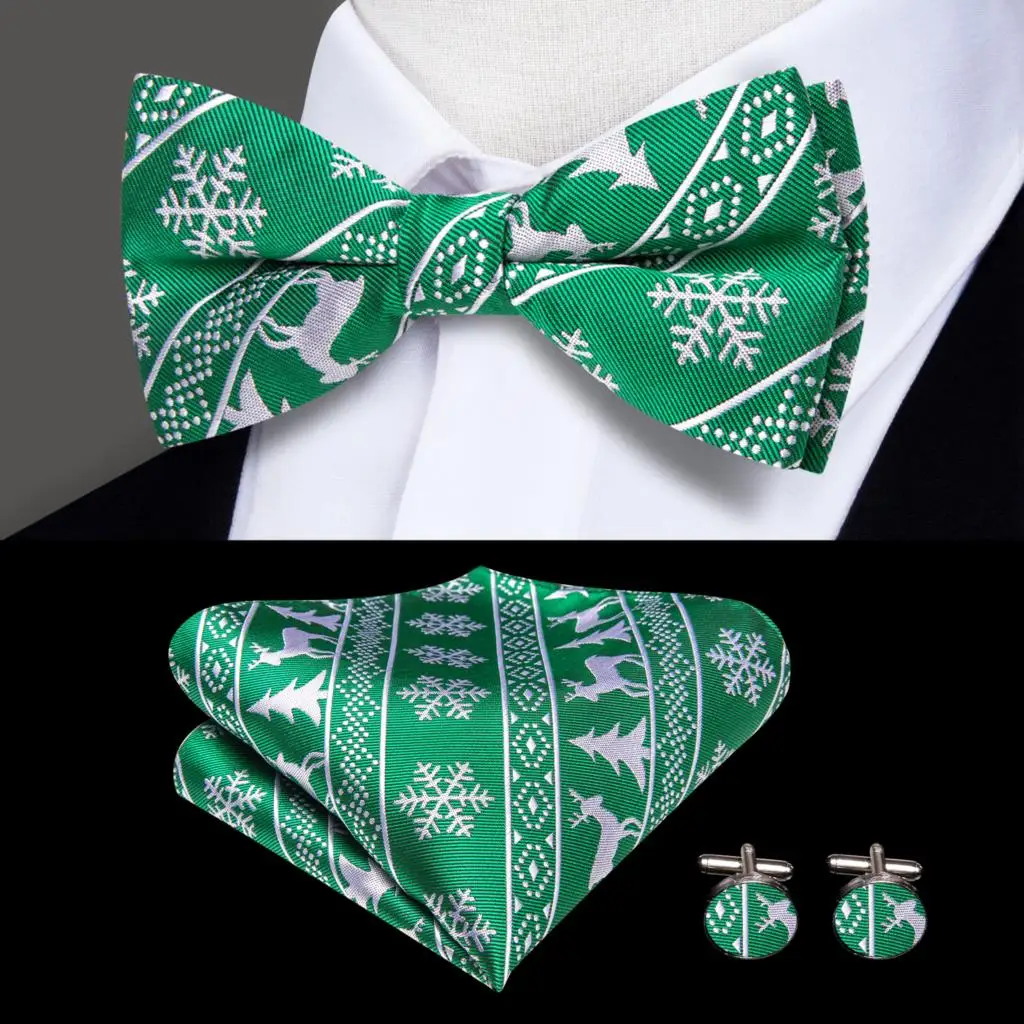 Hi-Tie Green Christmas Tree Silk Mens Suspender Bowtie Hanky Cufflink Adjustable Clip On Xmas Braces for Male Wedding Wholesale