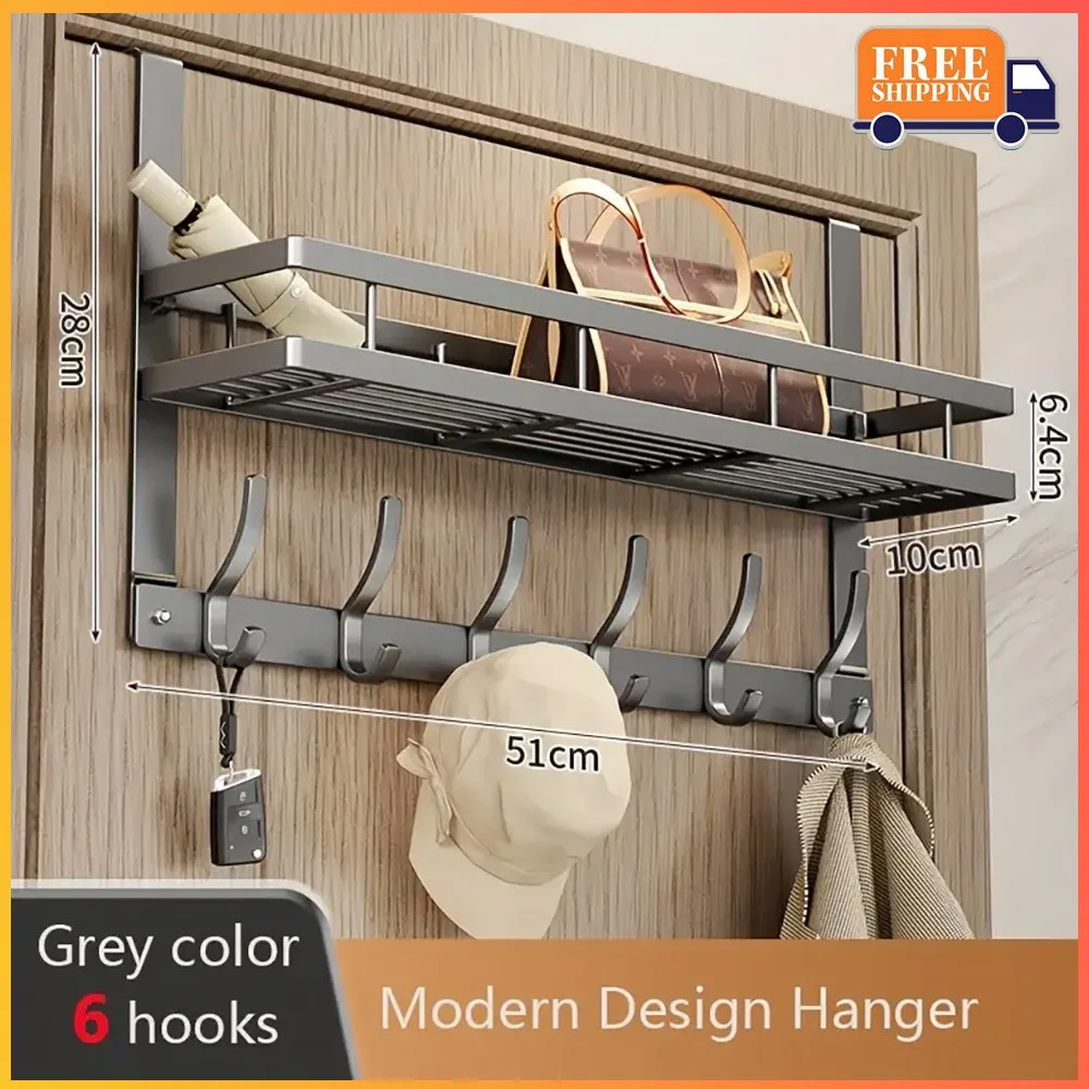 

Metal door with 6 hooks for attaching towel holders and a bag for bathroom storage