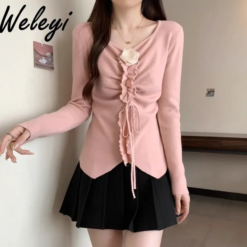 Gentle Sweet Pink V-neck Knitted Sweater Top Women's Autumn and Winter New Large Size Three-dimensional Flower  Bottoming Shirt