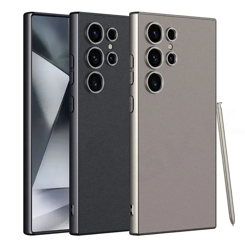 Luxury PU Leather Soft Edge Case For Samsung Galaxy S24 Ultra Metallic Paint Frame Skin Feeling Cover For Galaxy S24 Ultra Case