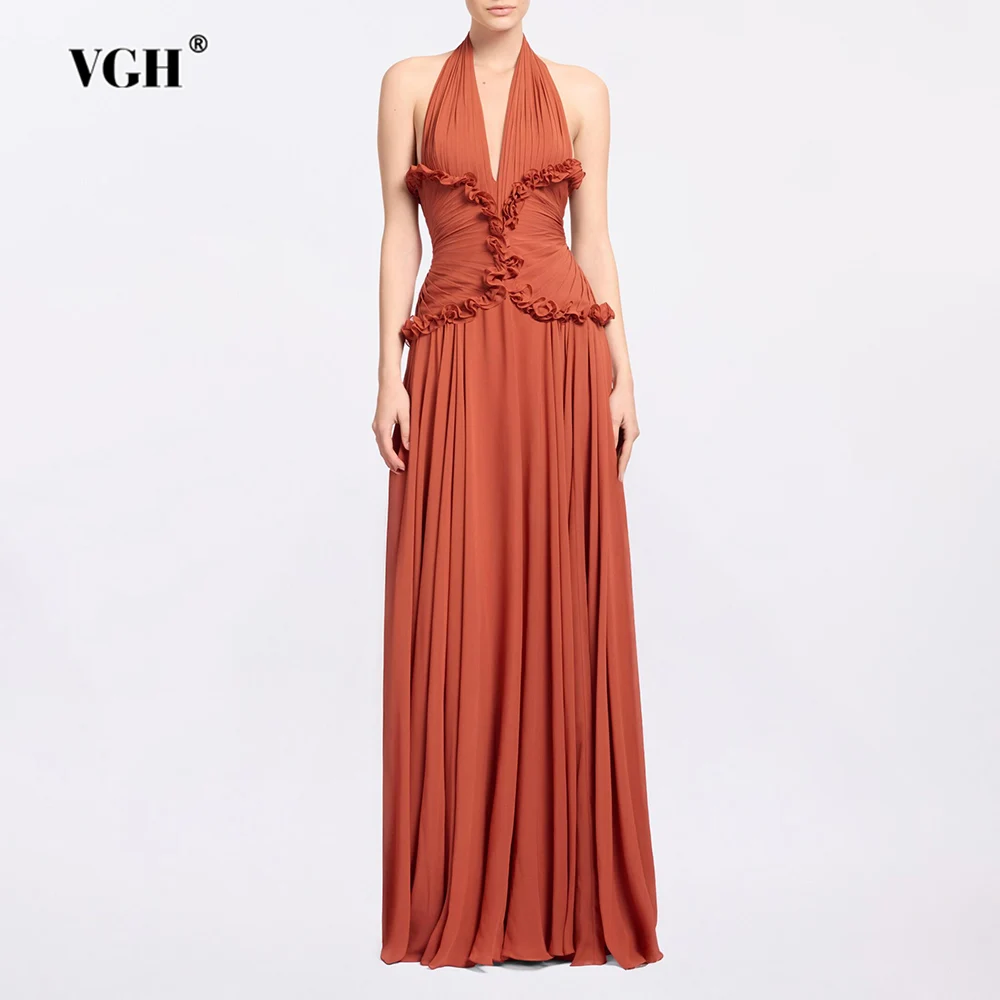 

VGH сексуальные длинные платья с грибком для женщин, с бретелькой на шее, без рукавов, с высокой талией и открытой спиной, шикарное вечернее платье, женское