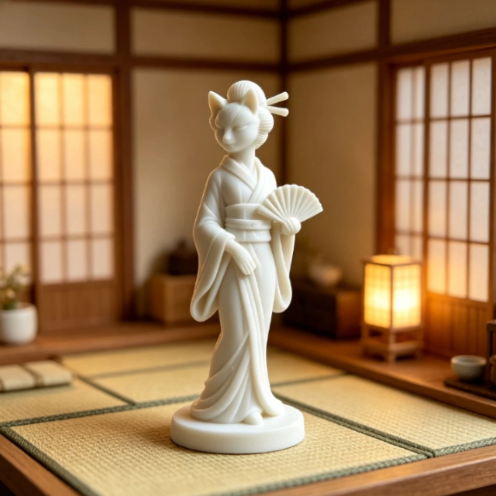Fox Face Geisha Figurines 3D‑Printed Fox‑Ear Japanese Kimono Lady Statue Mystical Desktop Ornaments Home Shelf Collectible Decor