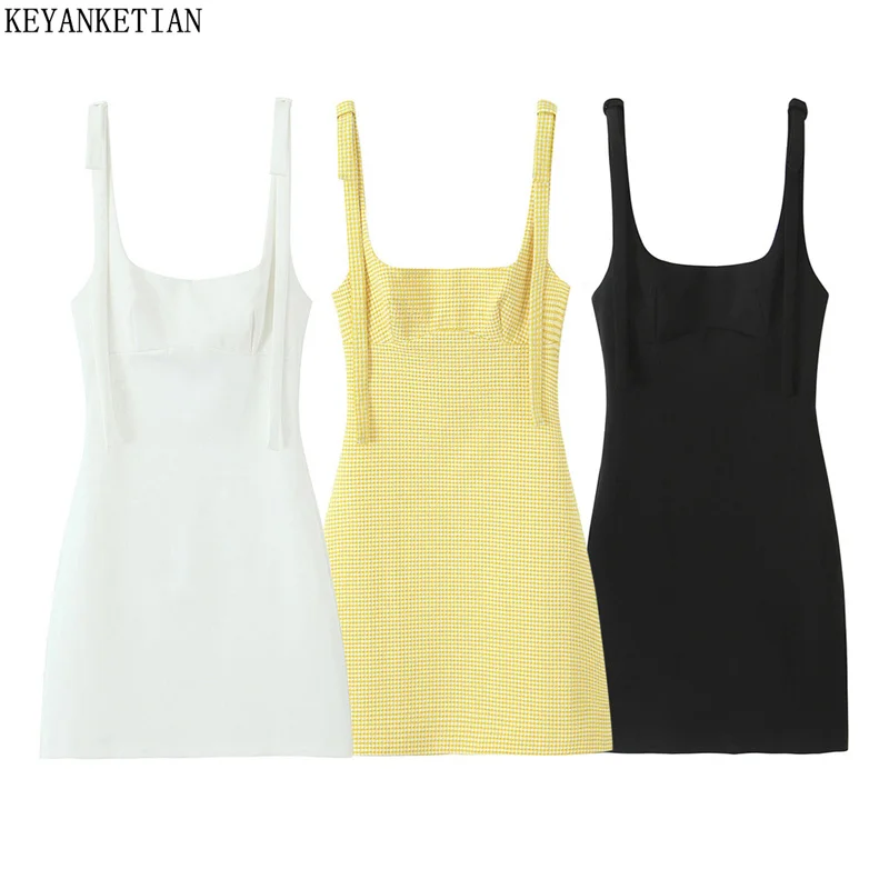 

KEYANKETIAN 2025 Summer New Women's Plaid Adjustable Slip Dress Fashion Sexy Backless Slim Back Zipper Sleeveless Mini Dresses