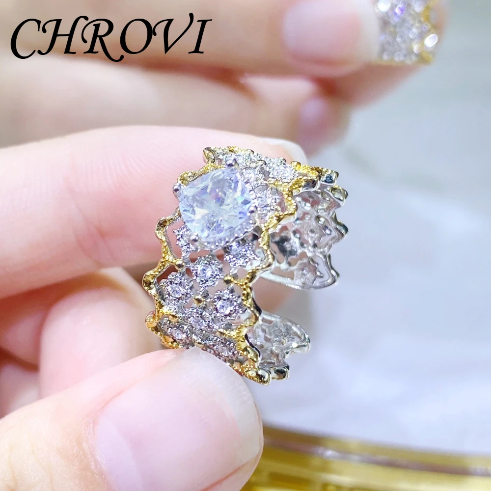 Exquisite 925 sterling silver vintage textured pattern diamond ring, hollowed-out with multiple diamonds, double-color gold ring
