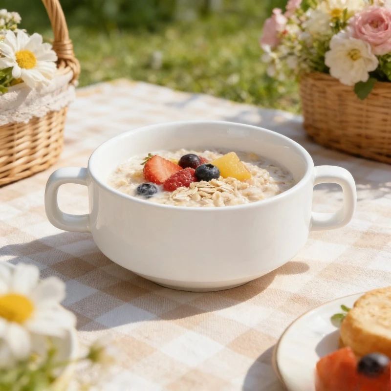 Minimalist Creative White Ceramic Double Handle Soup Bowl Mug Cup Stew Pot Bakeware Tableware Breakfast Porridge Dessert Bowl
