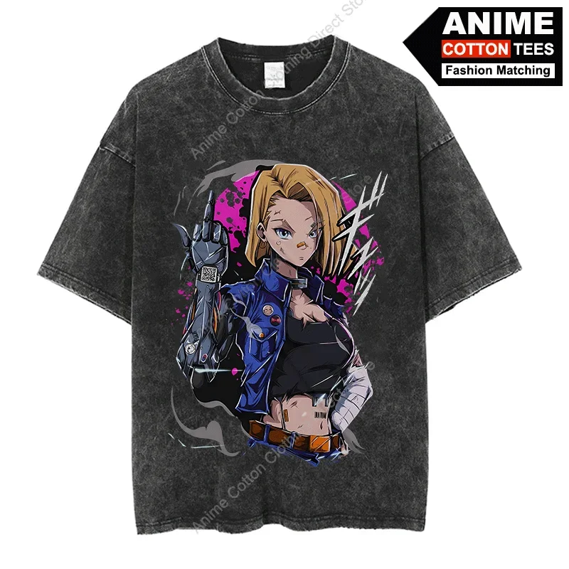 Android No. 18 lazuli T-shirt anime graphic print tshirt Y2K Harajuku unisex hip hop streetwear top cotton vintage loose tees