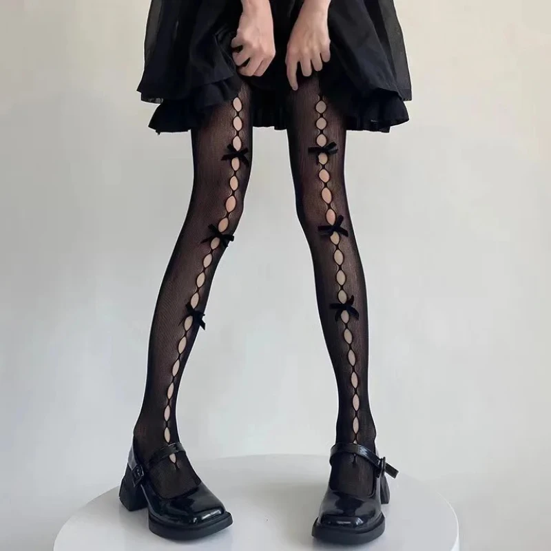 Lolita fille filet de pêche dentelle collants nœud papillon évider collants Sexy mince Ins marée collants Anime chaussettes noir blanc bas