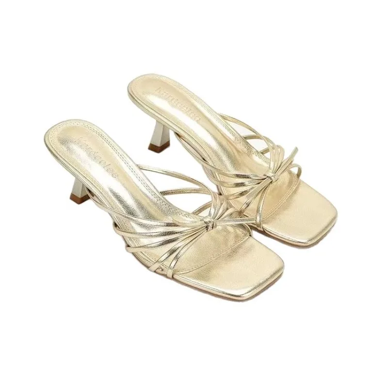 New Summer Thin Strap and Thin Heel Cool Mop Square Head Open Toe Outward Wear Slip-on Wear-resistant Mid-heel Women's Sandals