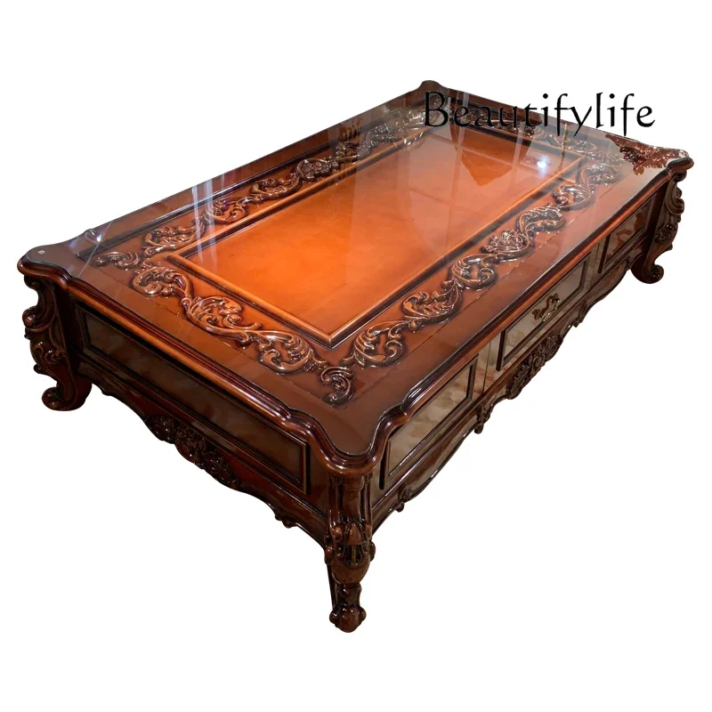 

hh Европейский журнальный столик из цельного дерева для гостиной, роскошная большая столешница с гравировкой, краска для выпечки фортепиано, американская вилла, стекло в стиле ретро