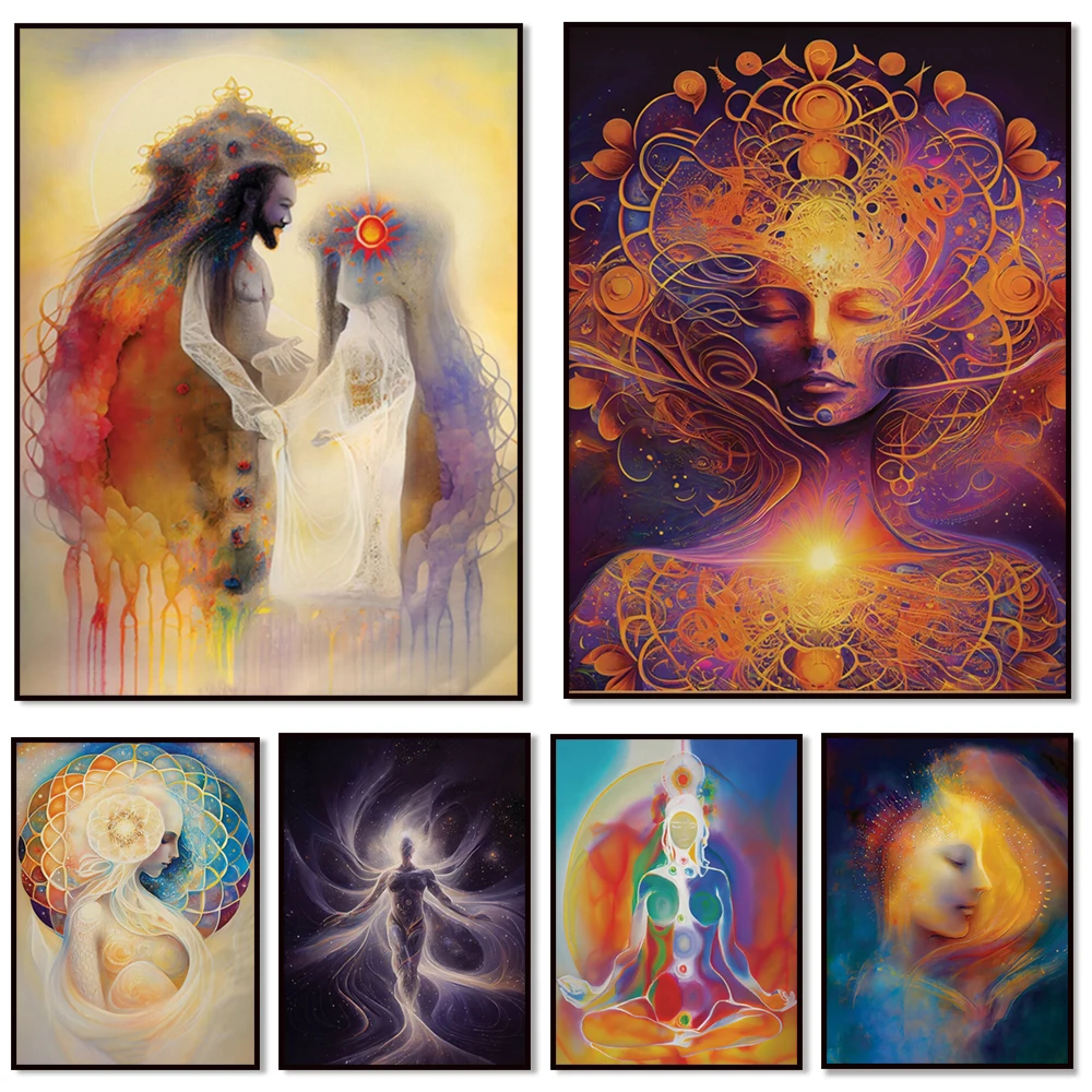 Spiritual fantasy art, celestial eye meditation galaxy goddess, calm peace, mindfulness, pregnancy poster, yoga studio decor