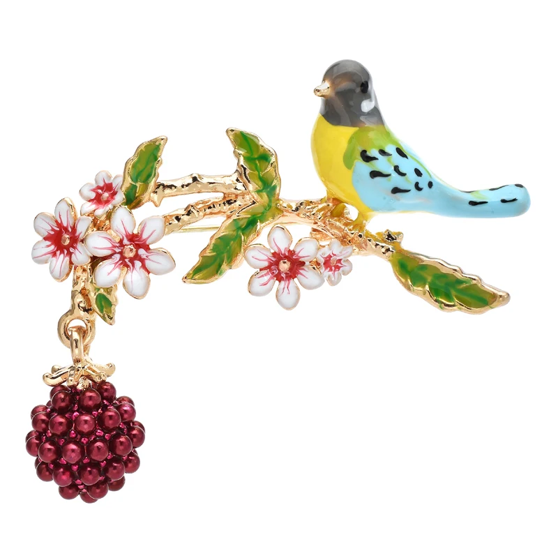 

Wuli&baby Cute Fruits Bird Brooches For Women Enamel 2-color Beauty Bird In Flower Branch Party Office Brooch Pin Gifts