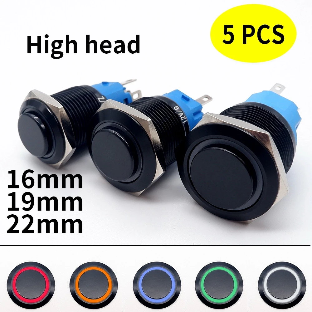 5PCS Black Push Button Switch 16/19/22mm Waterproof Led Lamp Metal Car Start Stop Buttons Self-reset Latching With Socket 5V 12V