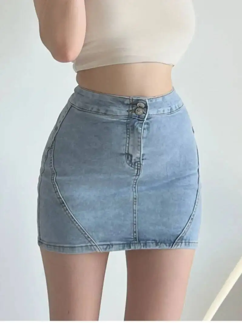 Spring/summer Two Button Wrap Hip Denim Skirt Women Slim High Waist Lifted Buttocks Design Sense Spicy Girl Solid Skirt MOLW