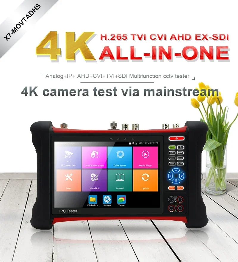 7 Inch 8K H265 CCTV Tester  IP/8MP TVI CVI AHD/Analog Camera Tester, with HDMI in/Out VGA in And HD Coaxial Video Level Meter