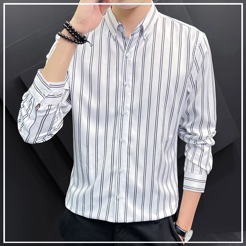 Camisa masculina de manga comprida grande, listrada com lapela, moda casual, versão coreana da moda, nova, primavera e outono, 2024