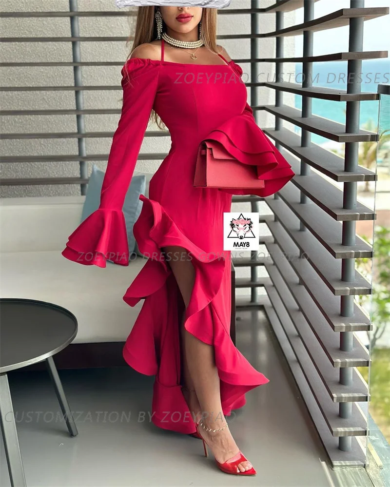 Gaun Prom ruffle pendek Satin merah 2024 Halter Neck seksi belahan samping gaun Formal pesta malam gaun pengiring pengantin Dubai Arab