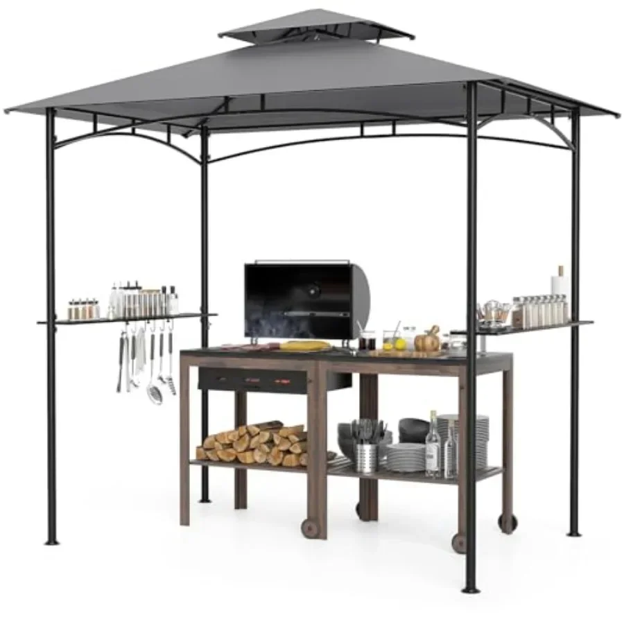 8x5 Feet Grill Gazebo 2-Tier Barbecue Gazebo with 2 Shelves 6 Hooks Metal Fe Outdoor Grill  for Backyard Garden Poolside