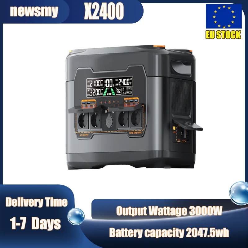NEWSMY X2400 Tragbare Powerstation 3000W Ausgangsleistung 2047,5Wh Bis zu 4095Wh LiFePO4-Batterie 20ms USV-Backup 13 Anschlüsse 1,5 Stunden Schnellladung App-Steuerung