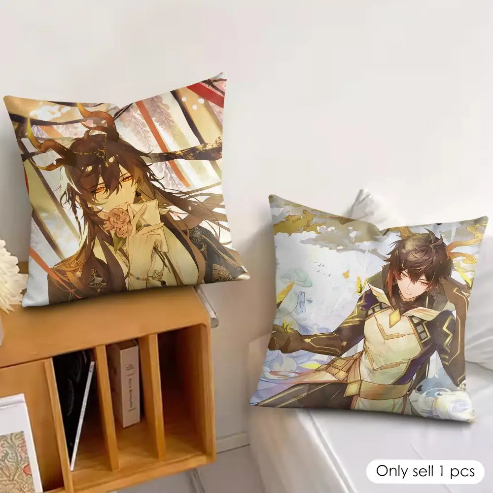 Zhongli Genshin Impact Cushion Cover Silky Short Plush Invisible Zipper Dustproof Sofa Pillow Case For Home Decor