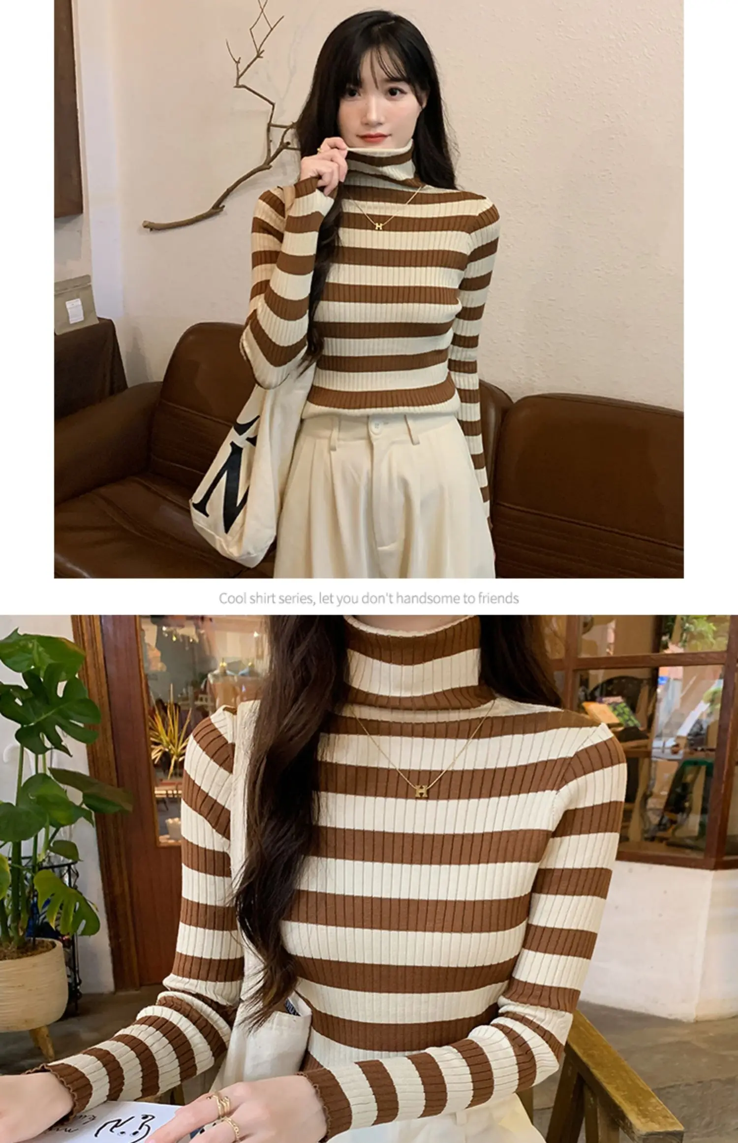 Women's High-Necked Striped Undershirt Sweater