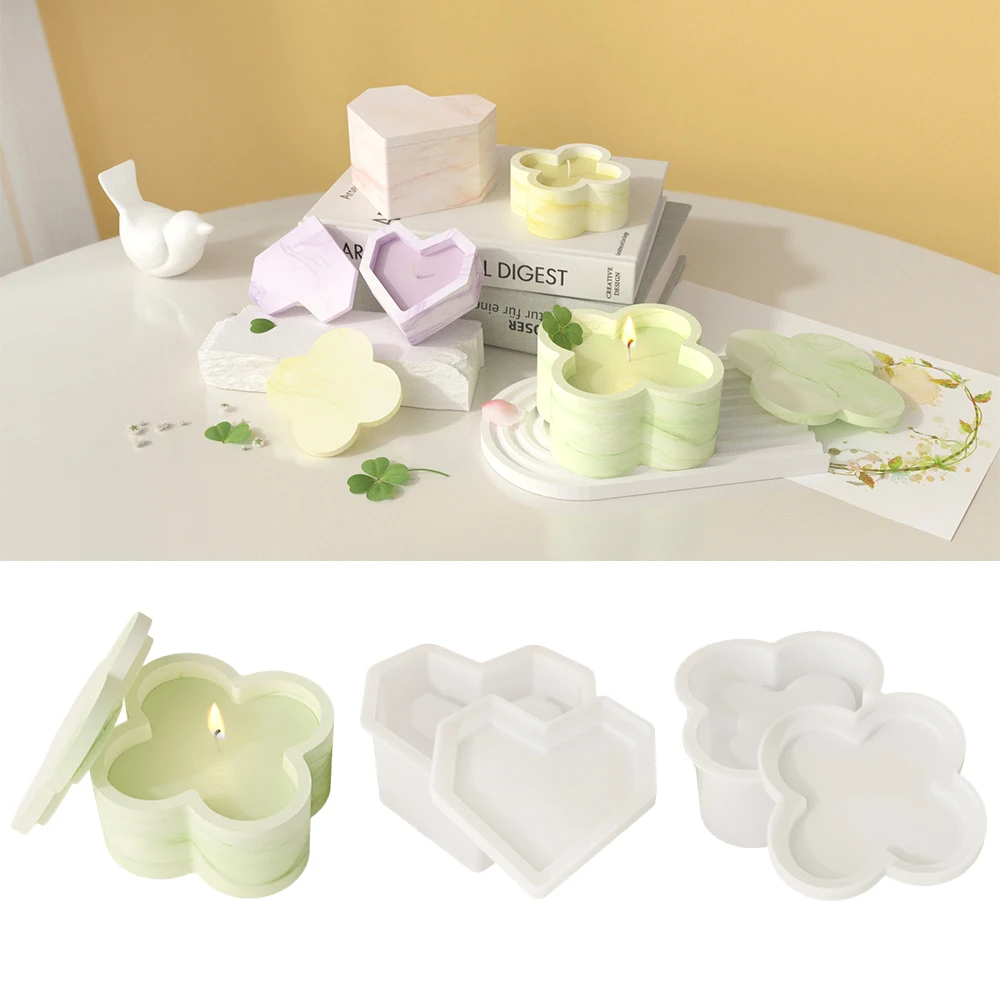 S0141 DIY Four Leaf Clover Plaster Candle Jar Silicone Mold Heart Jewelry Storage Box Resin Molds With Lid For Decoration Crafts