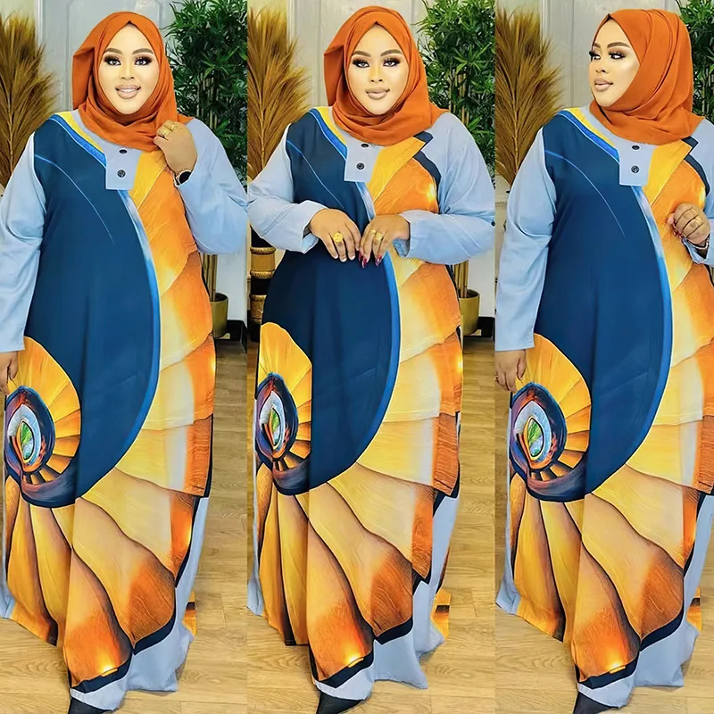 Plus Size Women's Dress Satin Printed Muslim Robe
