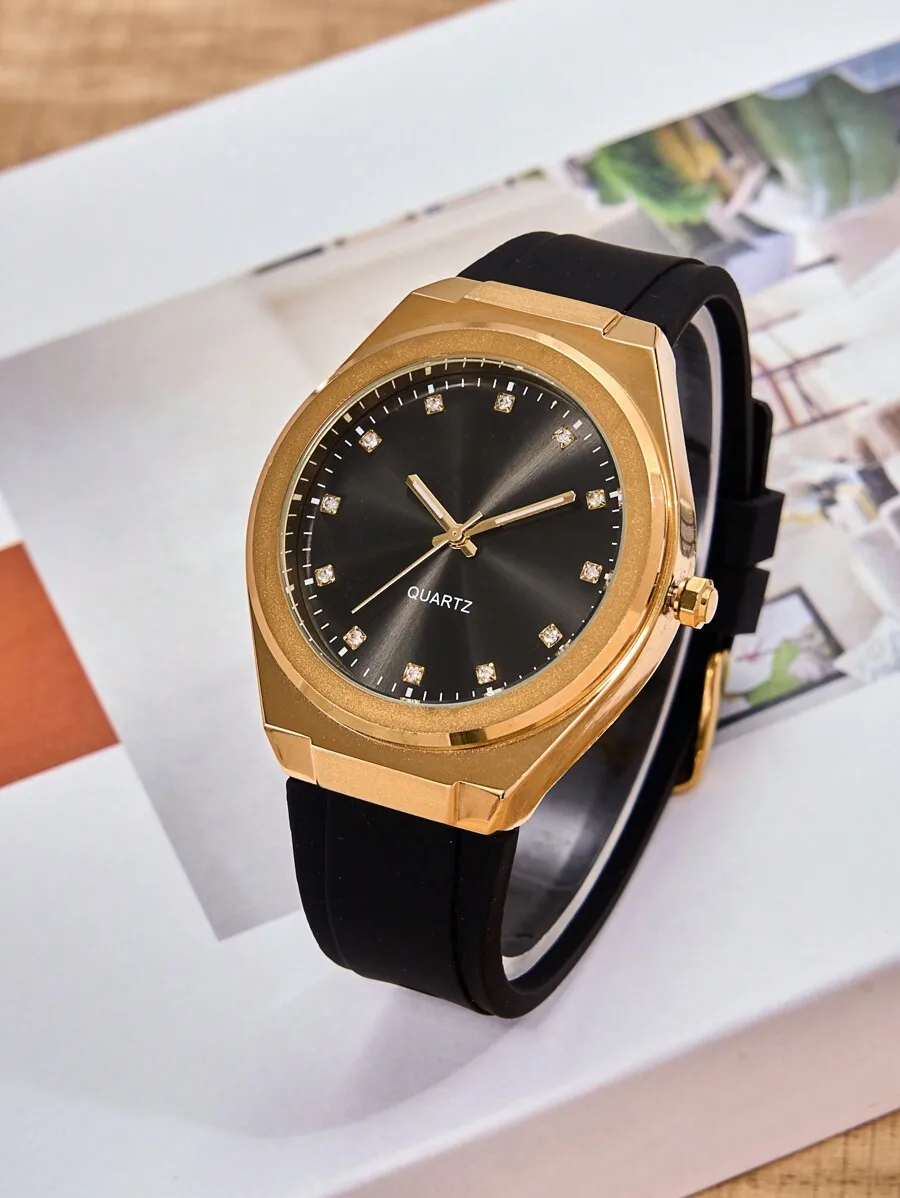 

1pc Men's Black Silicone Strap Quartz Casual Watch