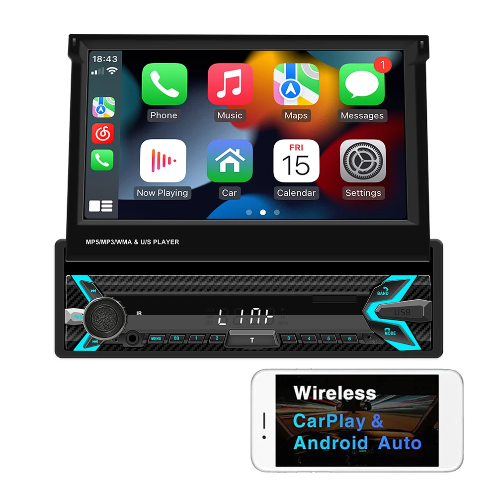 

Single 1 Din Universal 7 Inch Capacitive Touch Screen Head Unit Car Radio Car Mp5 Player With Carplay and Android Auto