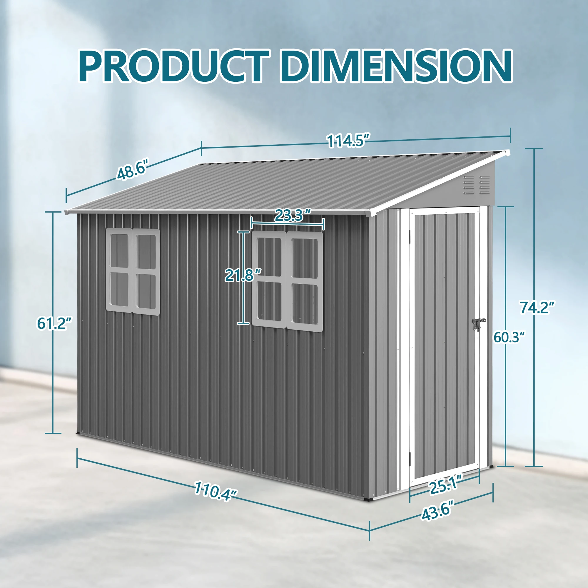 4x10 FT Metal Lean to Garden Shed with Lockable Double & Adjustable Side Doors, Weatherproof Outdoor Storage Aluminum Frame Gray