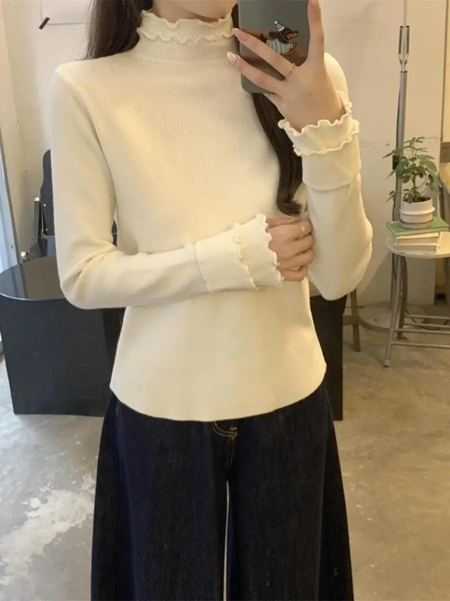 

Мягкий женский вязаный свитер с высоким воротником, облегающий, с длинными рукавами, модный, для повседневной носки, с деревянной отделкой