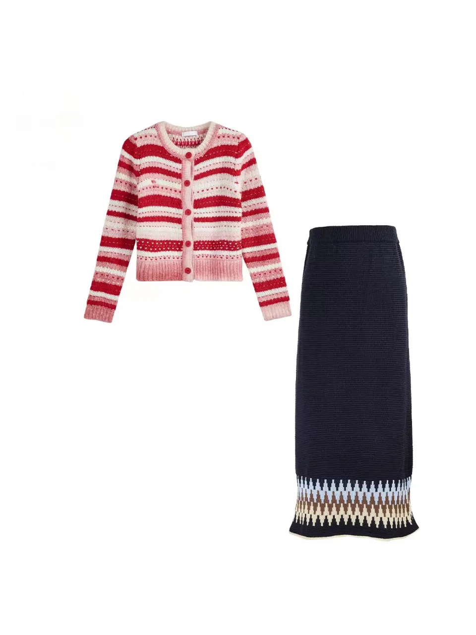 

Модный ретро-комплект из вязаного кардигана в полоску и юбки, женский, с длинными рукавами, укороченный, прямого кроя, весенний наряд, из двух предметов.