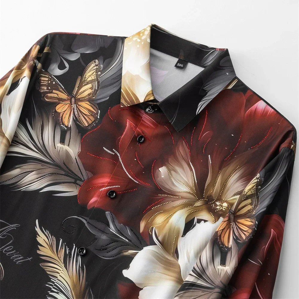 2025 Fashion Luxury Rhinestone Flower Shirt Men\'s Long Sleeve Casual Slim Shirt Retro Social Party Dress Business Formal Shirt