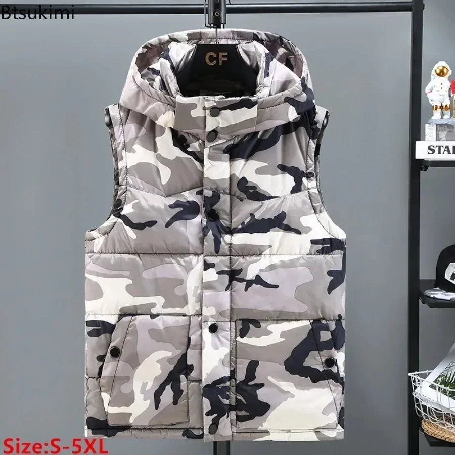 2026 Men\'s Camouflage Vest Top Thickened Cotton-padded Vest Winter Waterproof Warm Sleeveless Jacket Men Hooded Casual Waistcoat
