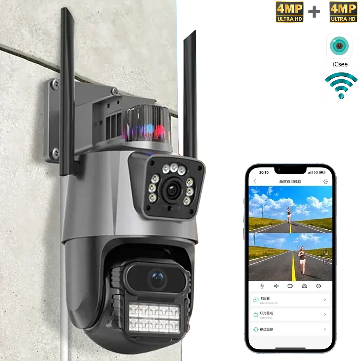 

ICSEE WiFi Dual Lens Camera 8MP, Dual Channel Preview/Playback, Human Tracking, Light Alarm, 2-Way Audio, Full Color Night