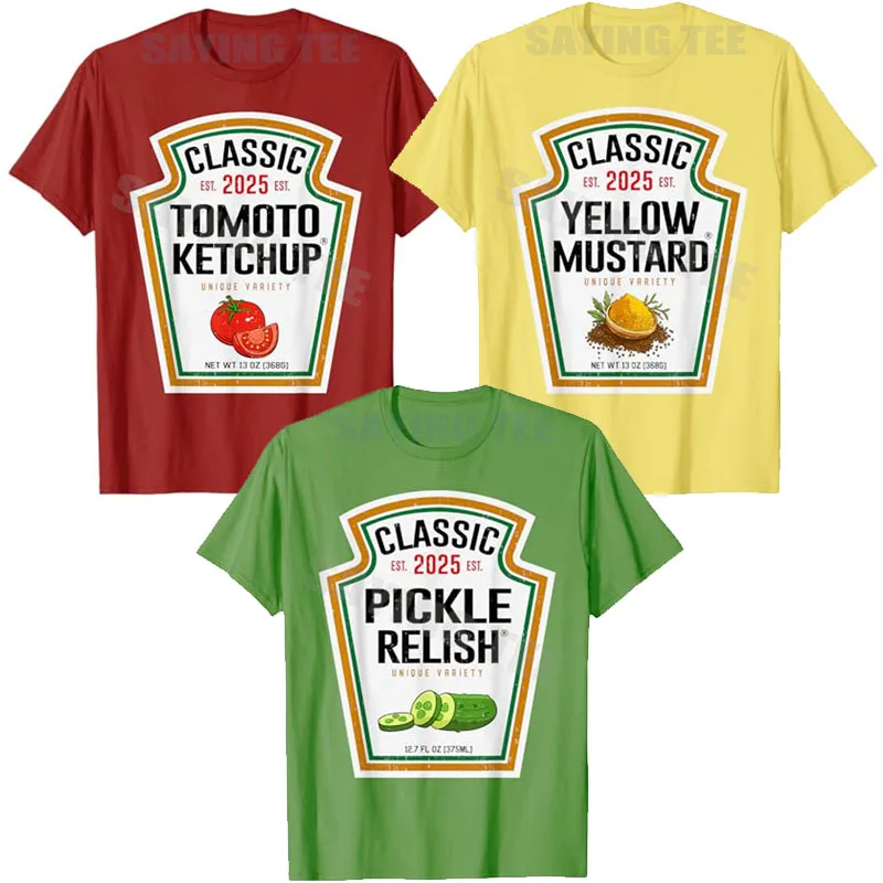

Yellow Mustard,Tomato Ketchup Mustard Condiment DIY Halloween Costume Matching T-Shirt Pickle Relish Halloween Party Tee Clothes