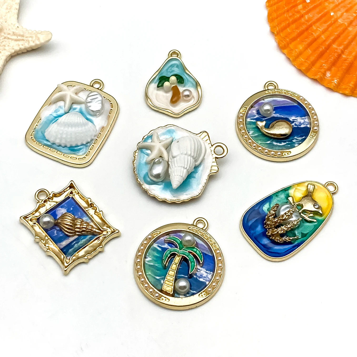 2/7pcs Dripping oil painting style ocean series charms pendant suitable necklaces bracelets key chains DIY making accessories