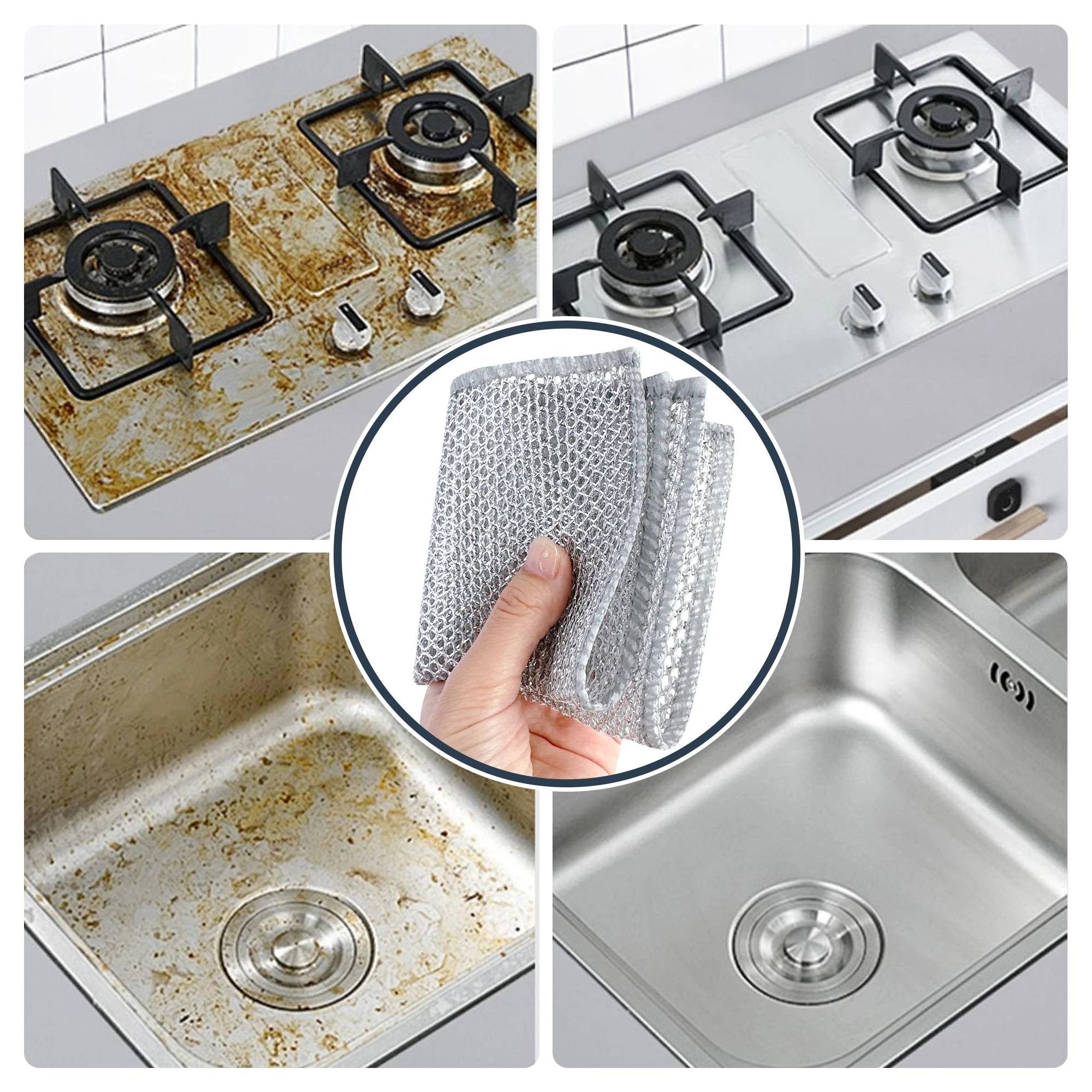 10pcs, Dishcloth, Scouring Pad Replaces Steel Wire Ball, Household Cleaning Cloth, Grid Non-stick Oil Rag, Kitchen Stove Dishwas